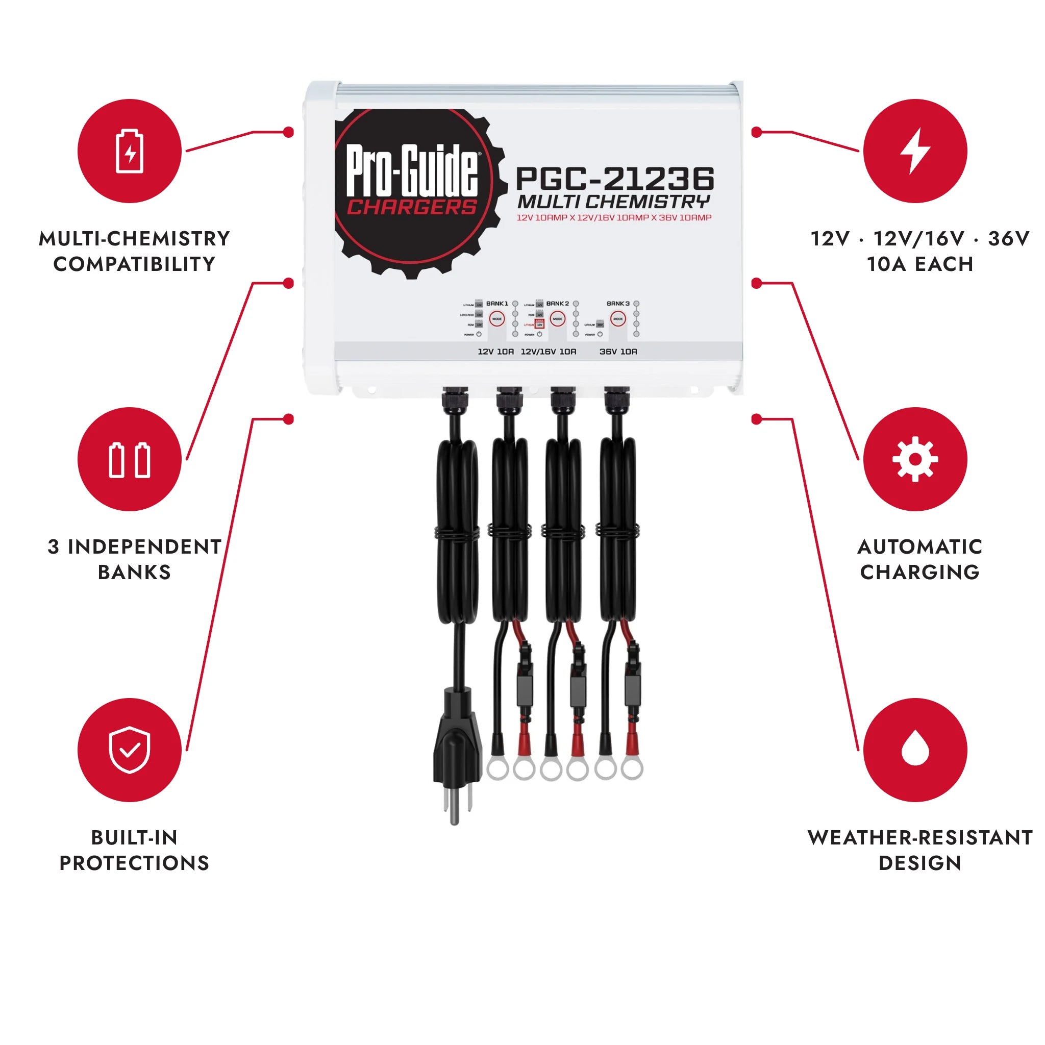 12V, 16V, & 36V 10A 3-Bank Battery Charger features at a glance
